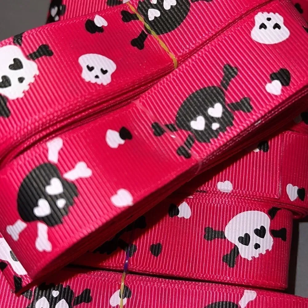 Grosgrain Ribbon 7/8” 5 yards 5/$20 skulls heart eyes Jolly Roger hot pink black